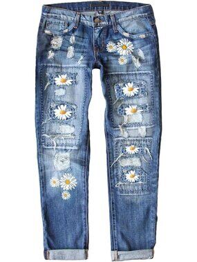 Stylish Distressed Ripped Jeans for Women | Plaid Patch Boyfriend Skinny Denim